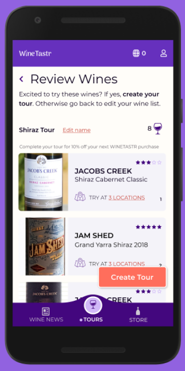 High-fidelity mockup of review wines page