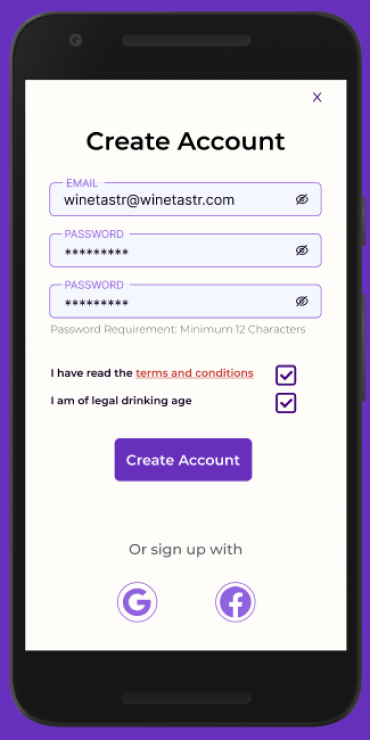 High-fidelity mockup of create account form