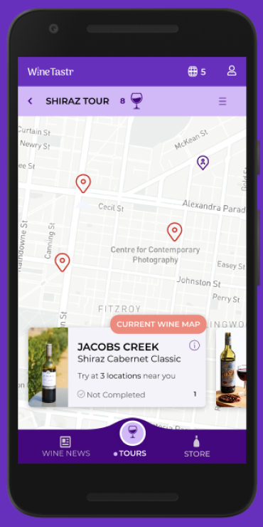 High-fidelity mockup of tour map showing locations for a wine