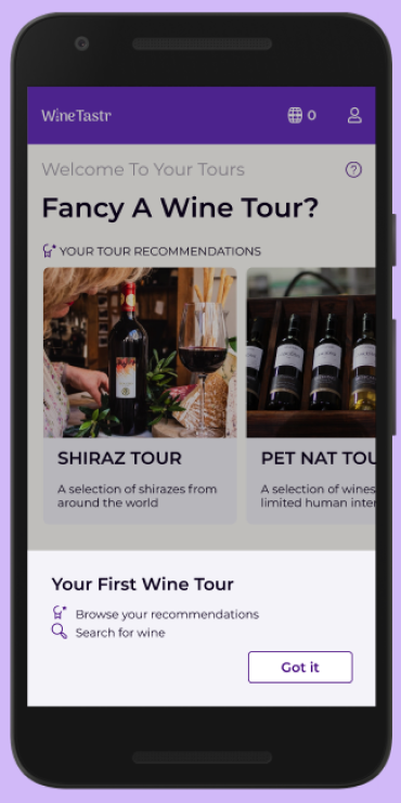 High-fidelity mockup of home screen with info tip text