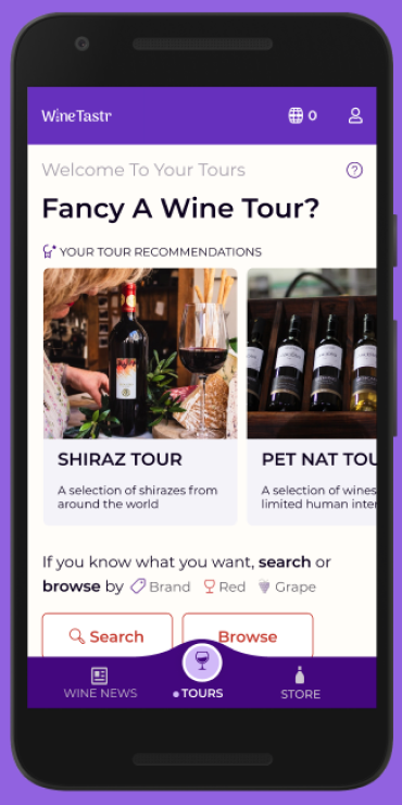 High-fidelity mockup of home screen with recommended tours, search and activity