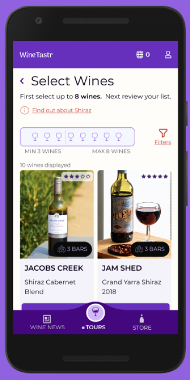 High-fidelity mockup of select wines for tour creation