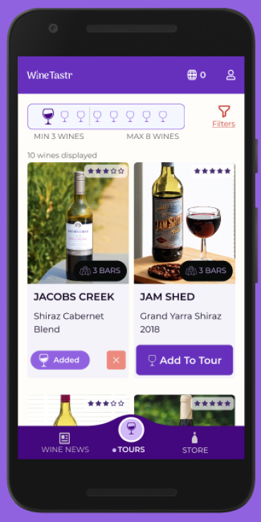High-fidelity mockup of adding a wine to tour with microanimation