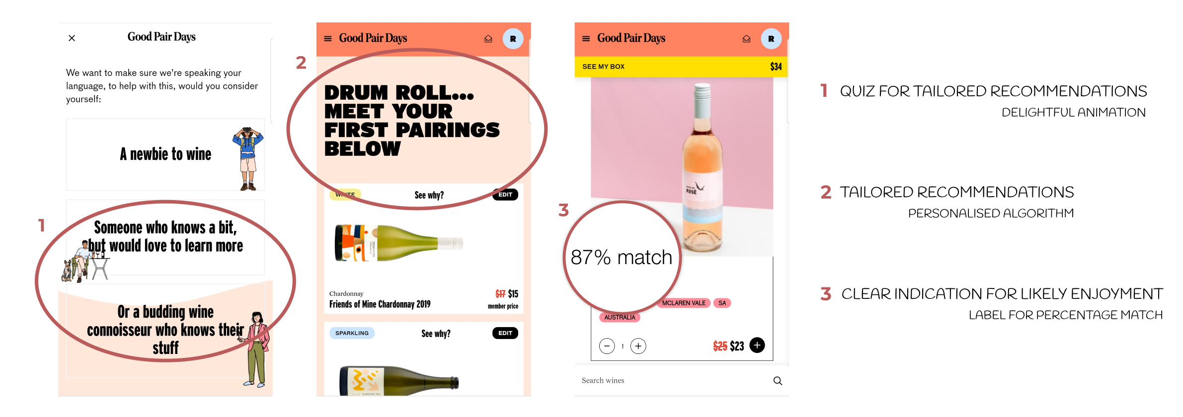 Good Pair Days web-app: delightful animation, tailored recommendations and clear pairing score